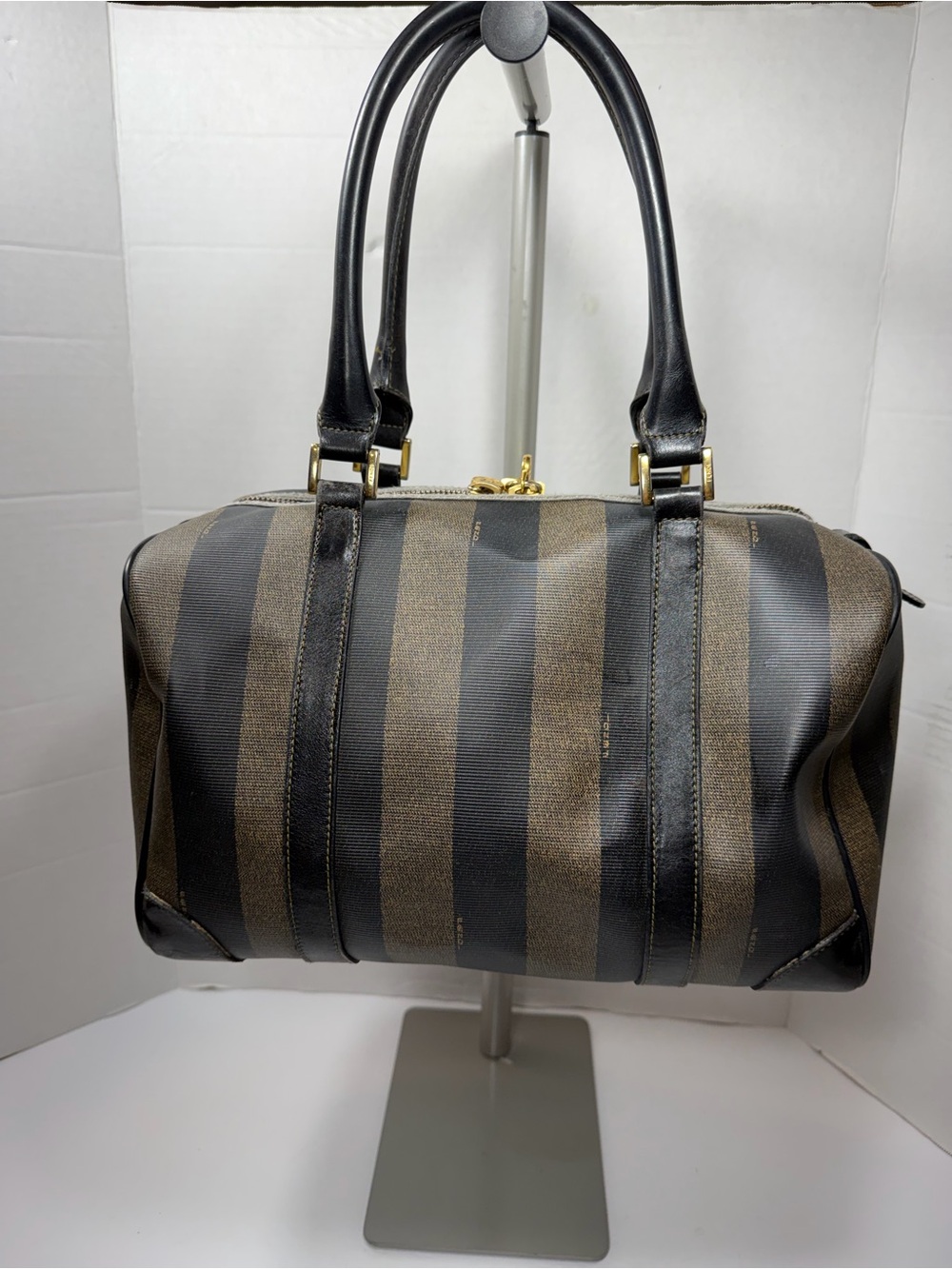 Vintage FENDI Black & Gray Pecan Stripe Speedy/Duffle Style Handbag,Classic 90s - Picture 4 of 13